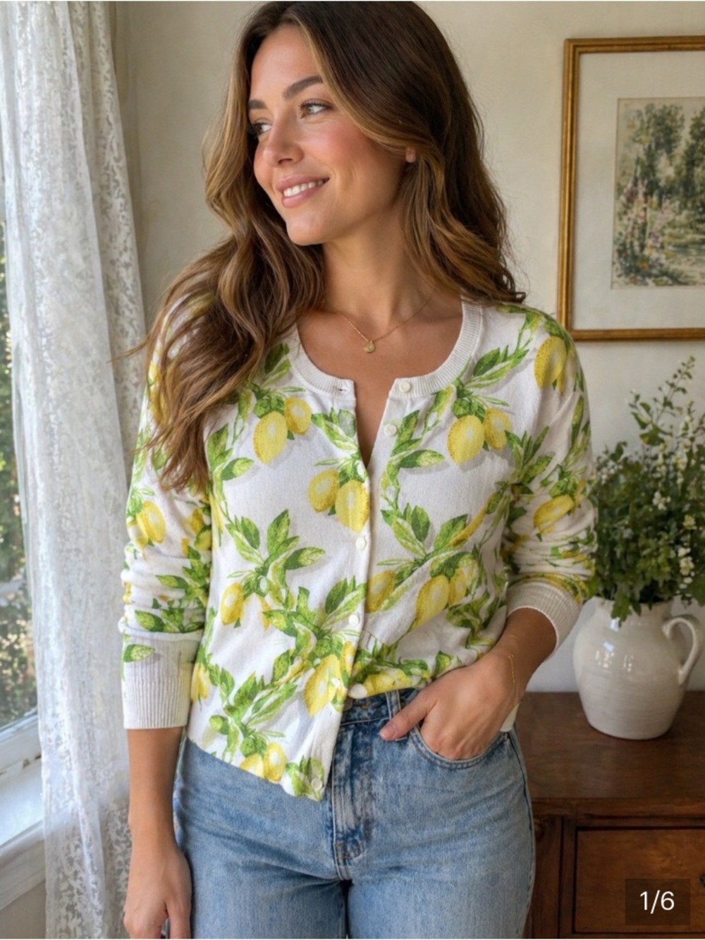 Talbots lemon print v-neck cardigan Size PM Like New